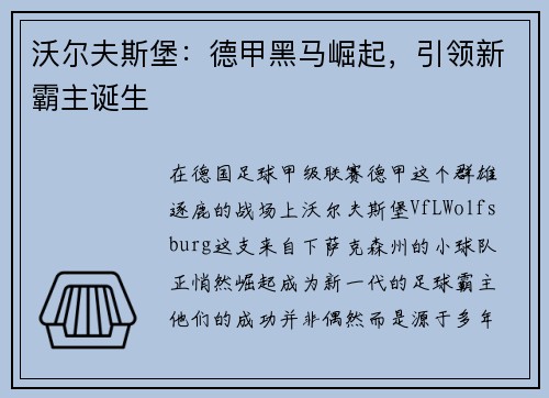 沃尔夫斯堡：德甲黑马崛起，引领新霸主诞生